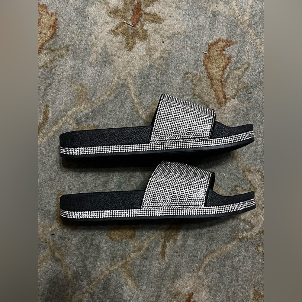 Rhinestone Slide Sandals - Black with Silver Sparkle